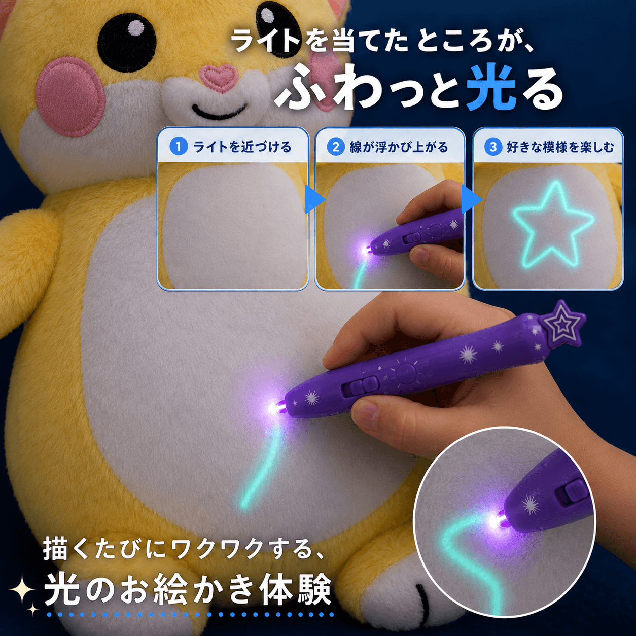 光るお絵かきぬいぐるみ｜ライトペン付き創造力トイ